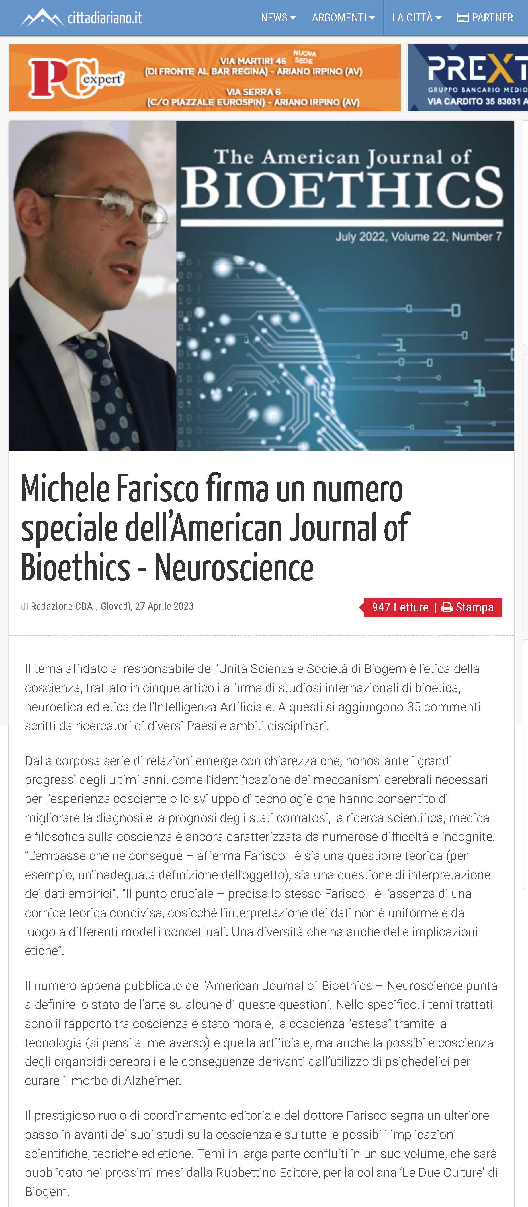 Michele Farisco firma un numero speciale dell’American Journal of Bioethics - Neuroscience